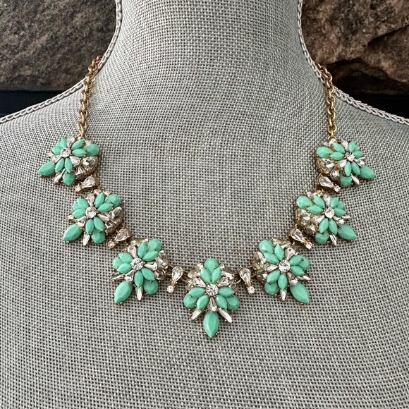 J Crew Teal and Crystal Cluster Flower Necklace - Picture 2 of 8